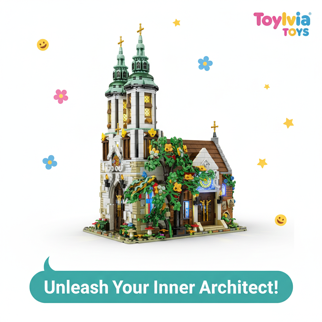 Toy building set resembling a church with decorative elements on a white background, featuring the Toyvian Toys brand. Main image