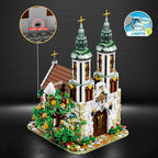Detailed model of a cathedral with green spires, featuring a light switch and lights icon on a dark background.