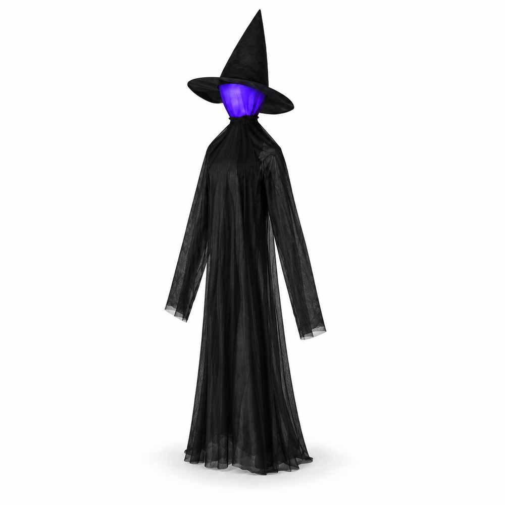 63" Halloween Standing Witch with Color-Changing LED Head viewed three-quarter left on white