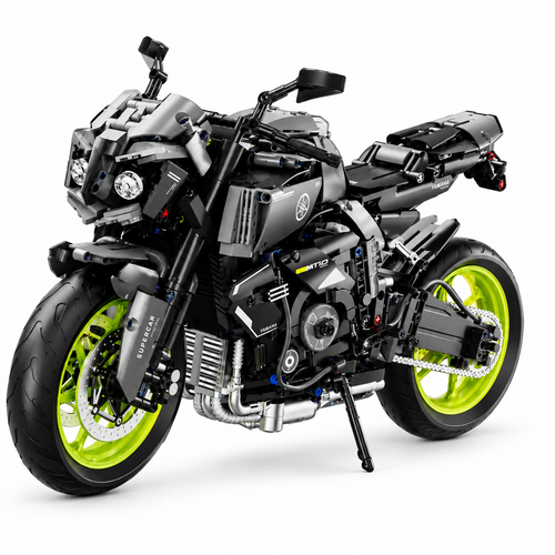 Black brick-built naked sports motorcycle with lime green wheel rims, side view on a stand