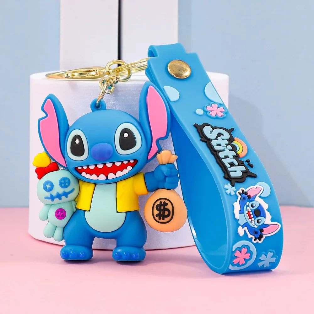 Stitch-style blue cartoon character keychain holding accessories with silicone wrist strap gift design