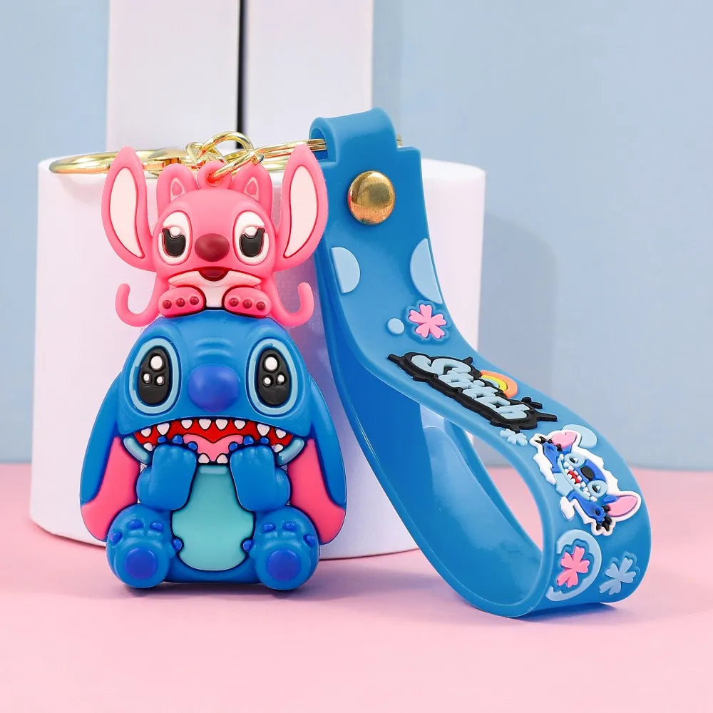 Stitch-style pink and blue cartoon character keychain with silicone wrist strap cute gift accessory