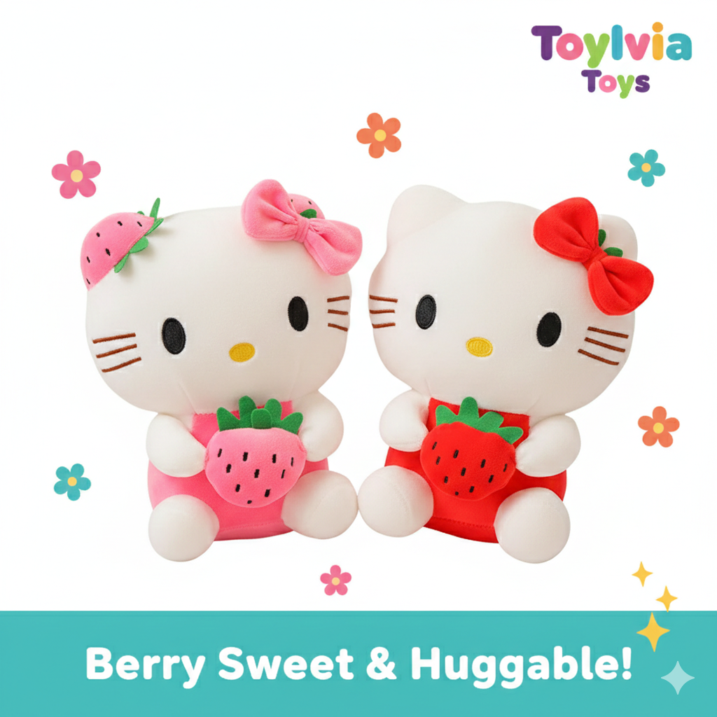 22cm Strawberry KT Cat plush doll wearing a red fruit-themed hood and bow. Main image