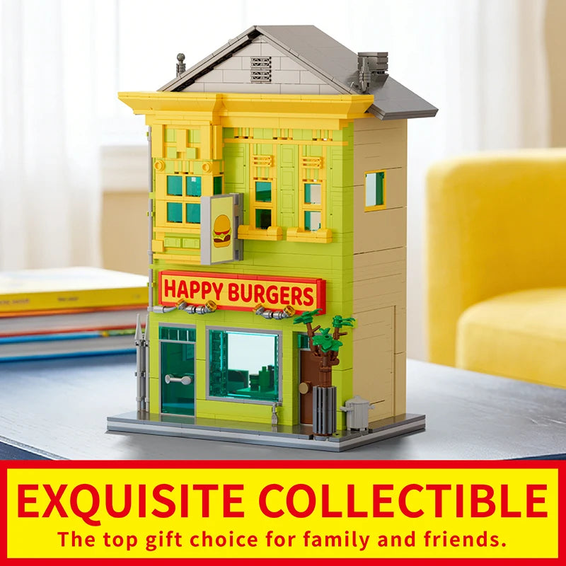 Model of a burger restaurant building made from interlocking bricks with 'Happy Burgers' sign.