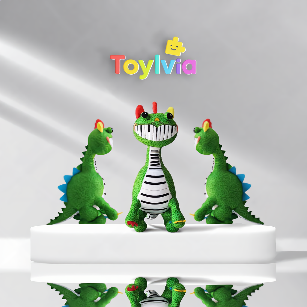 Frontal view of the Pianosaurus monster stuffed doll highlighting its piano-style teeth.