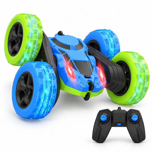 Double-sided 4WD RC stunt car with blue body and blue and green LED wheels, shown with its black 2.4GHz remote controller on a white background.
