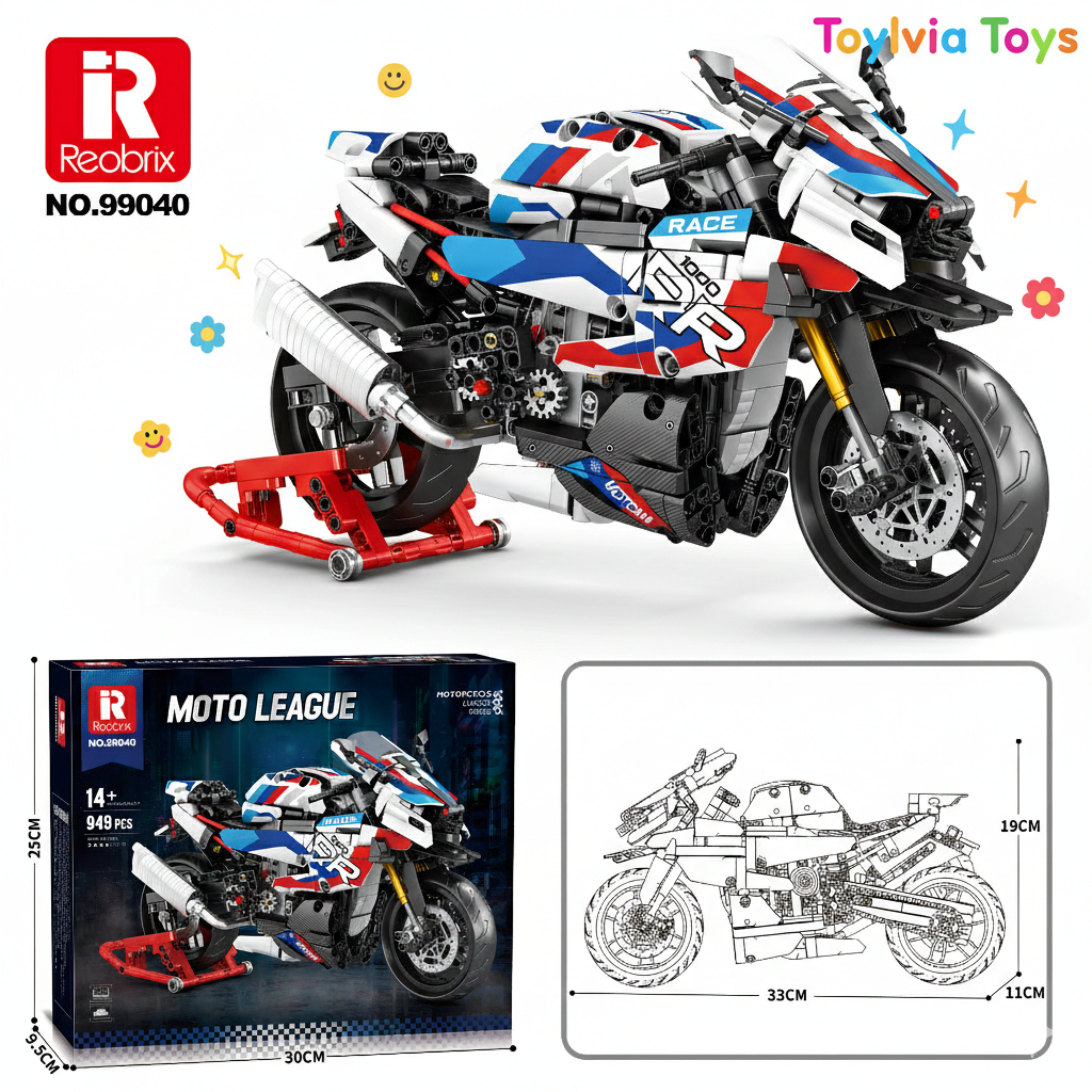 1:8 scale Reobrix M1000RR motorcycle building block model in racing colors.