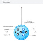 Blue controller with labeled buttons and antenna on a white background