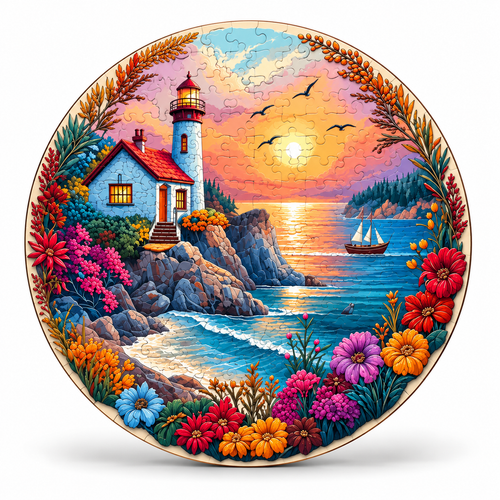 Sunset Seaside Lighthouse Wooden Puzzle Unique Animal Shaped Pieces Jigsaw for Adults - alternate view