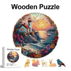 Sunset Seaside Lighthouse Wooden Puzzle Unique Animal Shaped Pieces Jigsaw for Adults