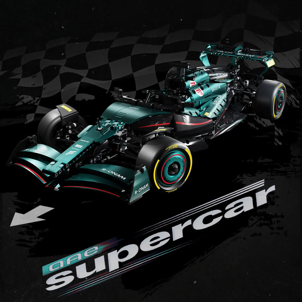 Teal Formula 1 car with 'Qatar SuperCar' branding on a dark background