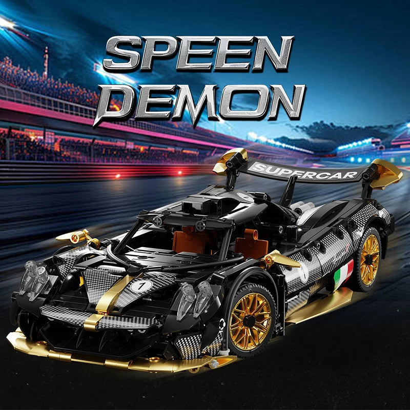 Toy car with 'Supercar' branding on a race track background, featuring the text 'Speen Demon'.