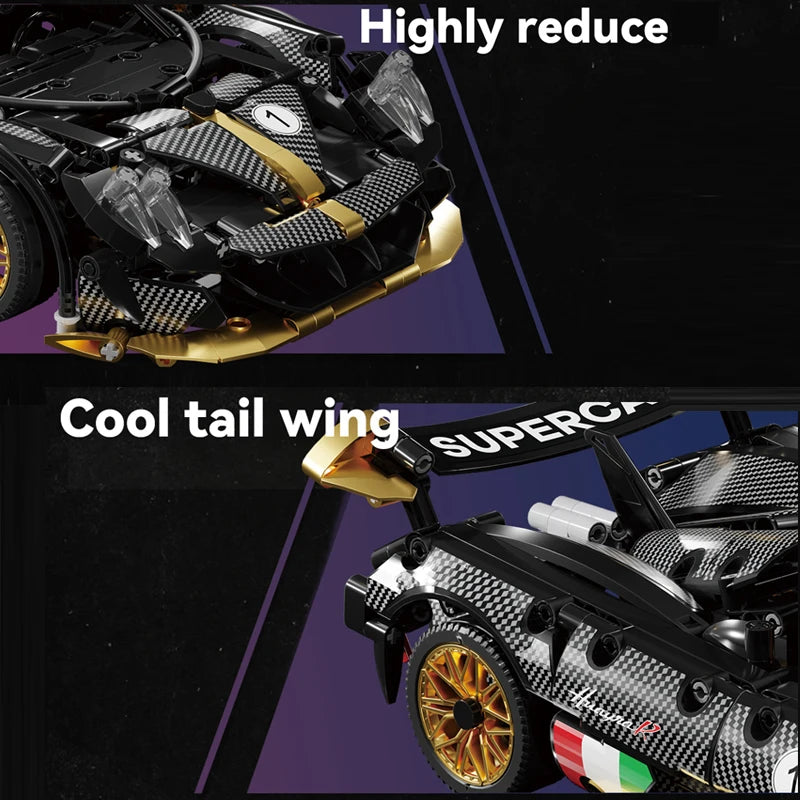 Close-up of a model car with a carbon fiber texture and gold accents on a black background.