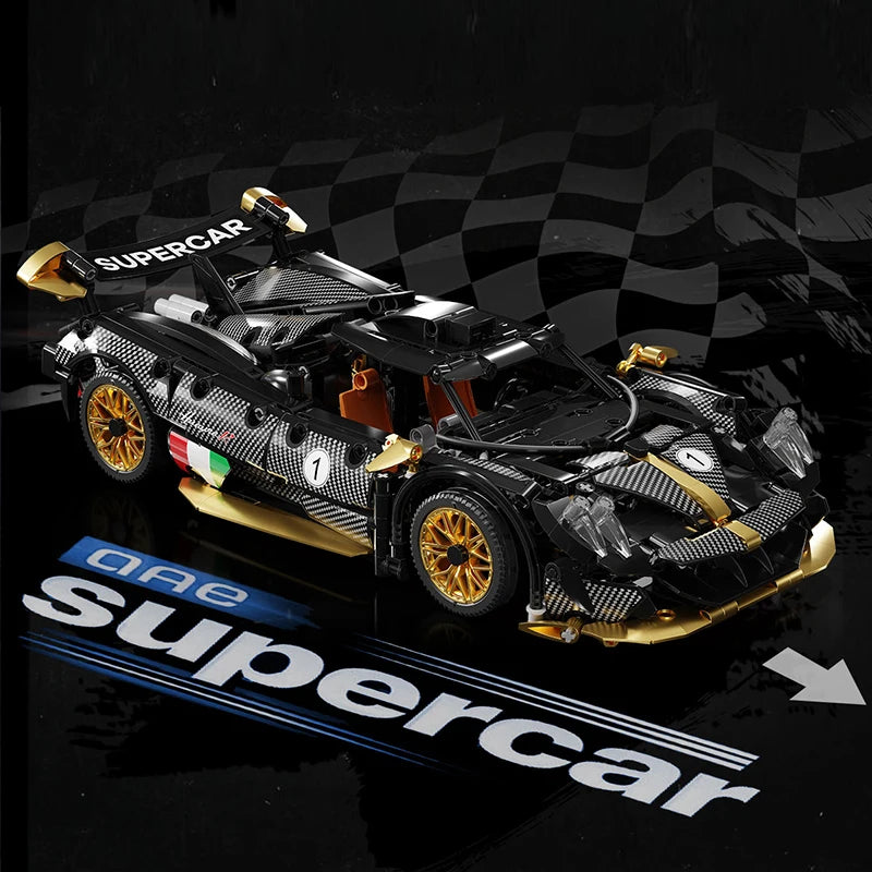 Model of a black and gold supercar on a black and white checkered background with 'Qee Supercar' branding.