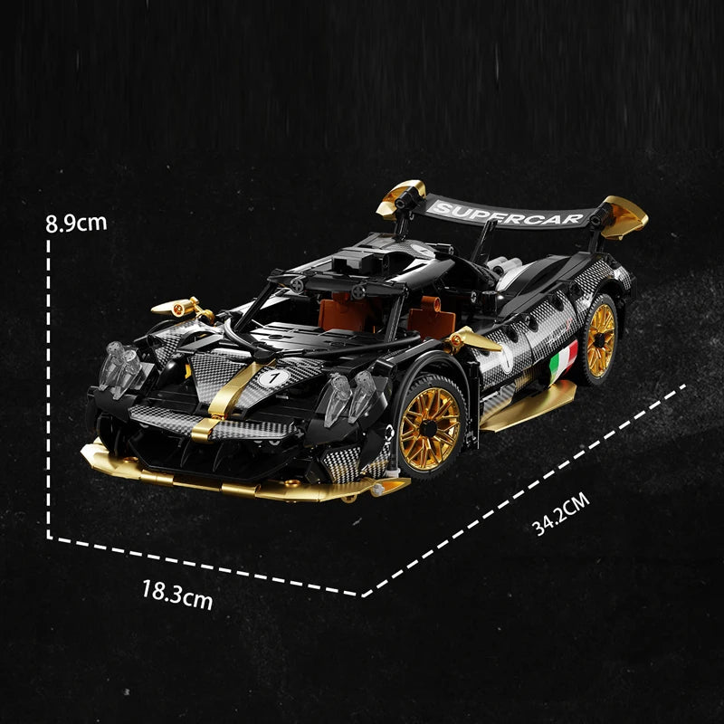 Toy car model with dimensions on a black background