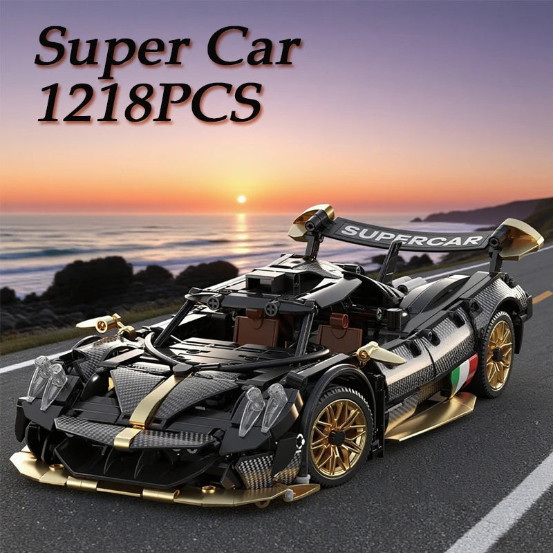 Toy car model with 'Super Car 1218PCS' text against a sunset over water background