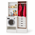 Reverse laundry and storage side of the white wooden play kitchen.