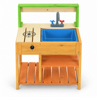 Elevated front view of the wooden mud kitchen showing cooktop and two storage shelves.