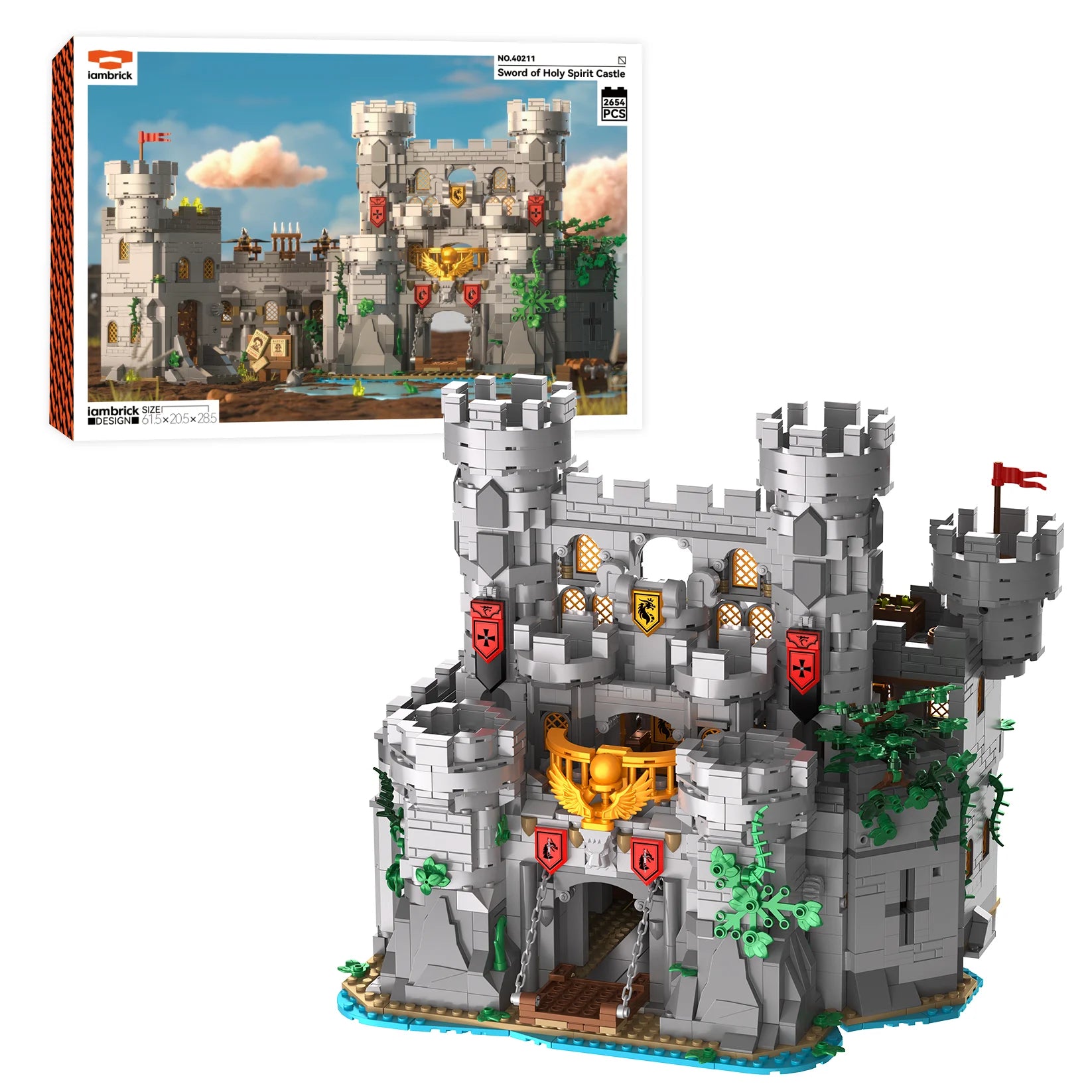 Close-up details of throne room, tower and interior rooms of the Sword of Holy Spirit Castle building set. Main image