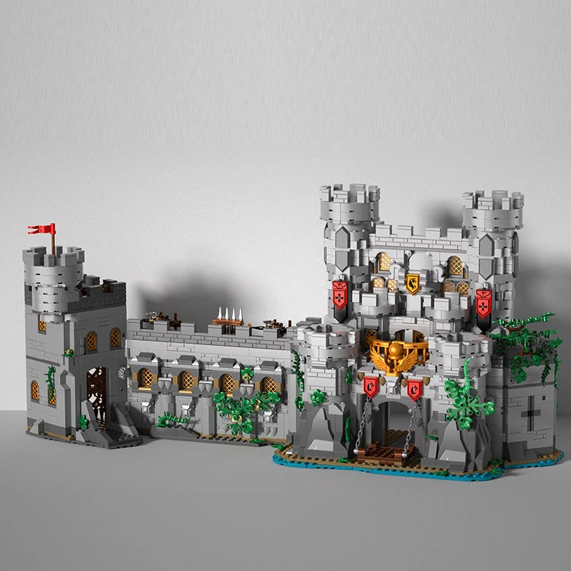 Detailed close-up of castle interior with crossbow, weapons rack and medieval furnishings built from ABS bricks.