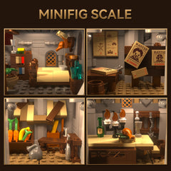 Medieval brick castle with twin towers, drawbridge gate and wall sections from the Sword of Holy Spirit Castle set.