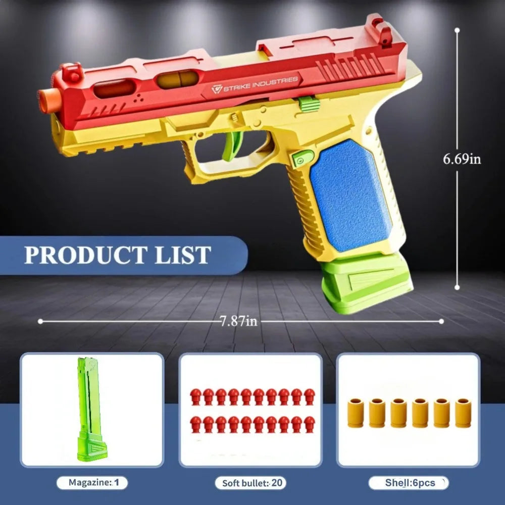 Colorful toy gun with measurements and accessories on a dark background