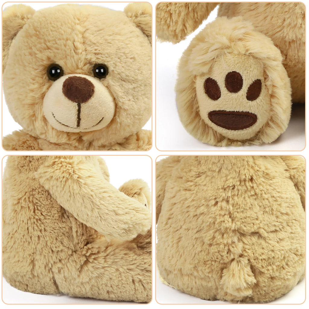 Collage of a beige teddy bear showing different parts including face, paw, arm, and body.