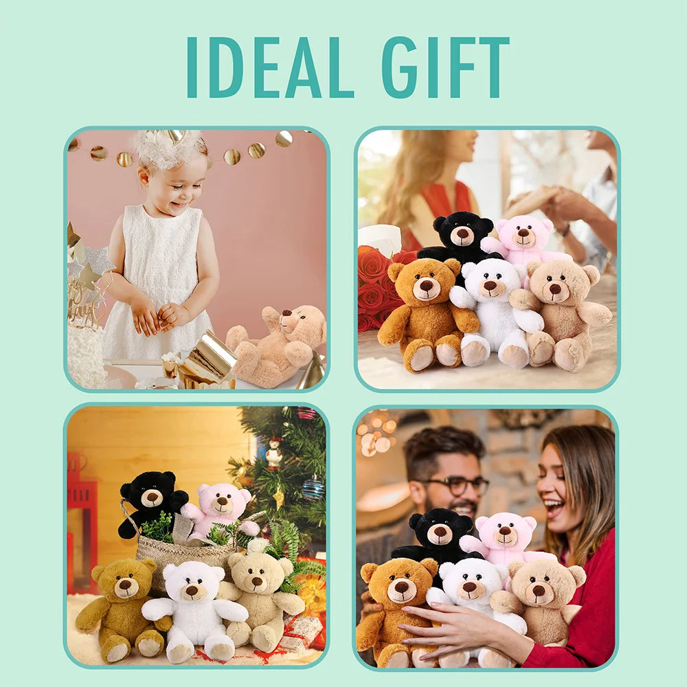 Collage of people with teddy bears on a light blue background with 'IDEAL GIFT' text.
