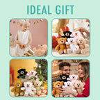 Collage of people with teddy bears on a light blue background with 'IDEAL GIFT' text.