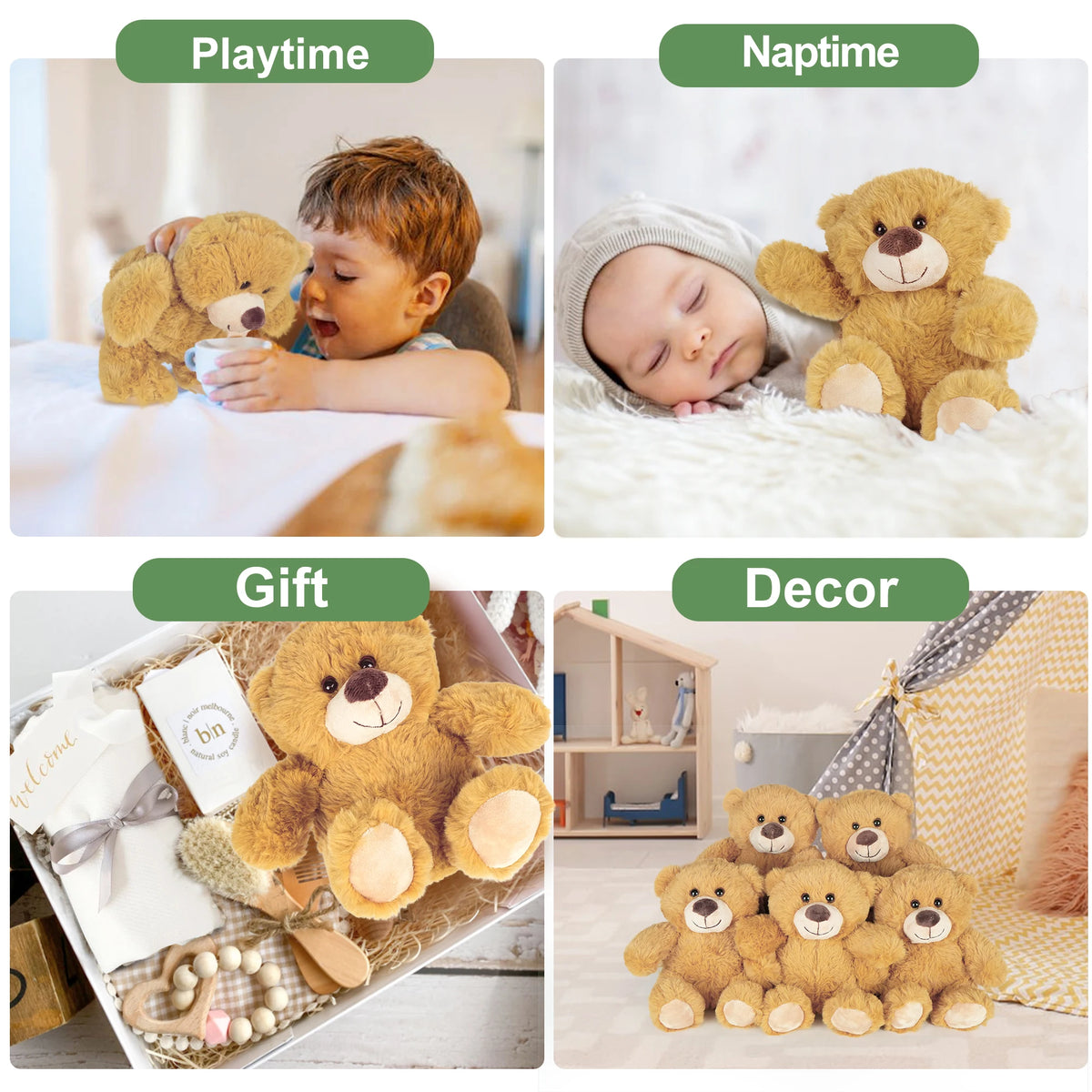 Collage of a teddy bear in various scenarios: playtime, naptime, gift, and decor.