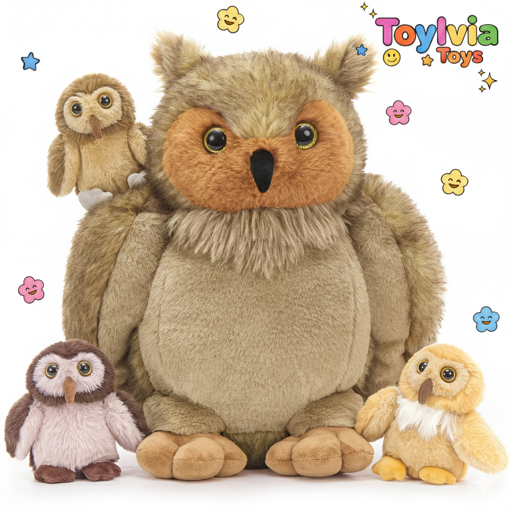 Plush owl family with a large owl, two smaller owls, and a baby owl on a white background with 'Toyivia Toys' branding. Main image