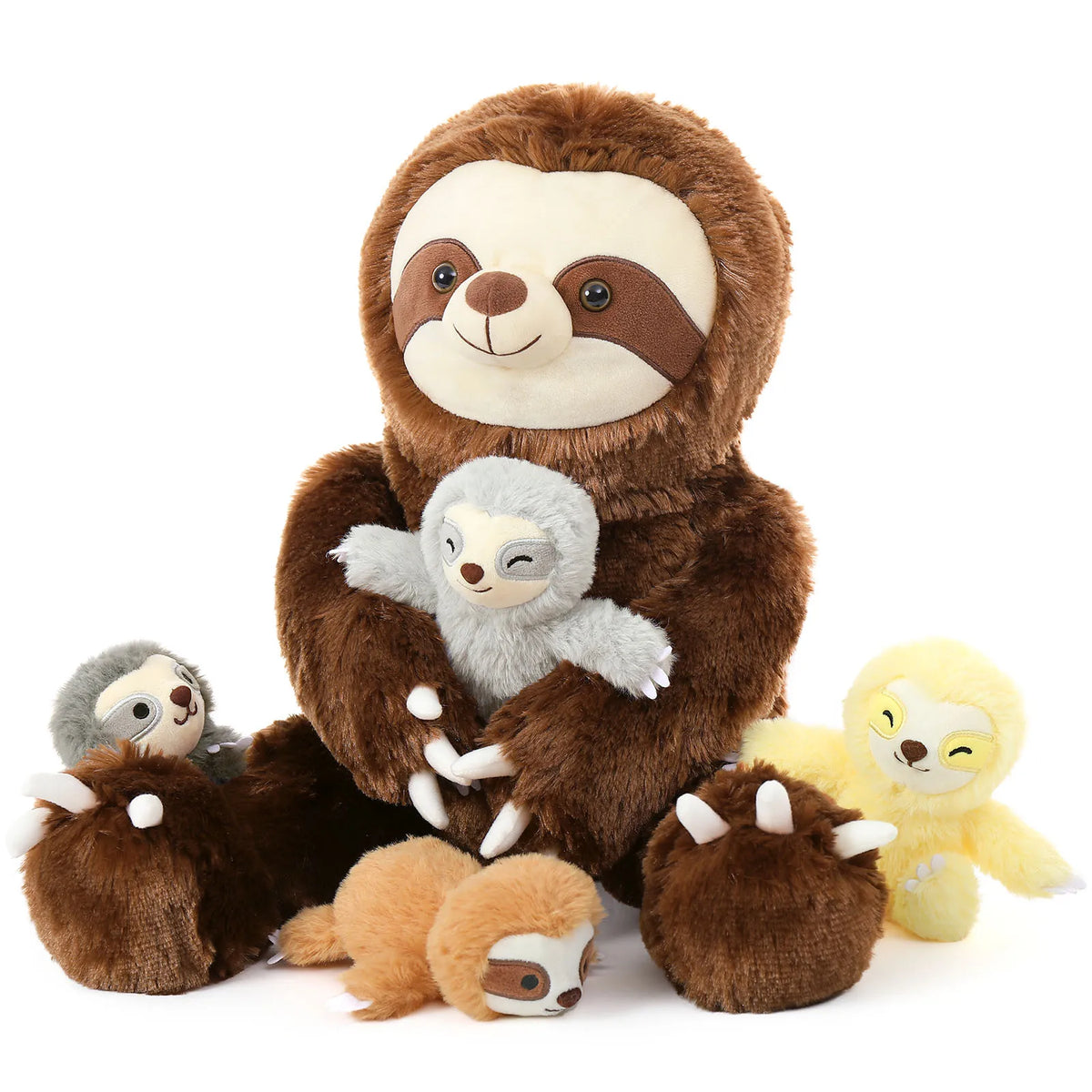 Set of plush sloths in various sizes on a white background