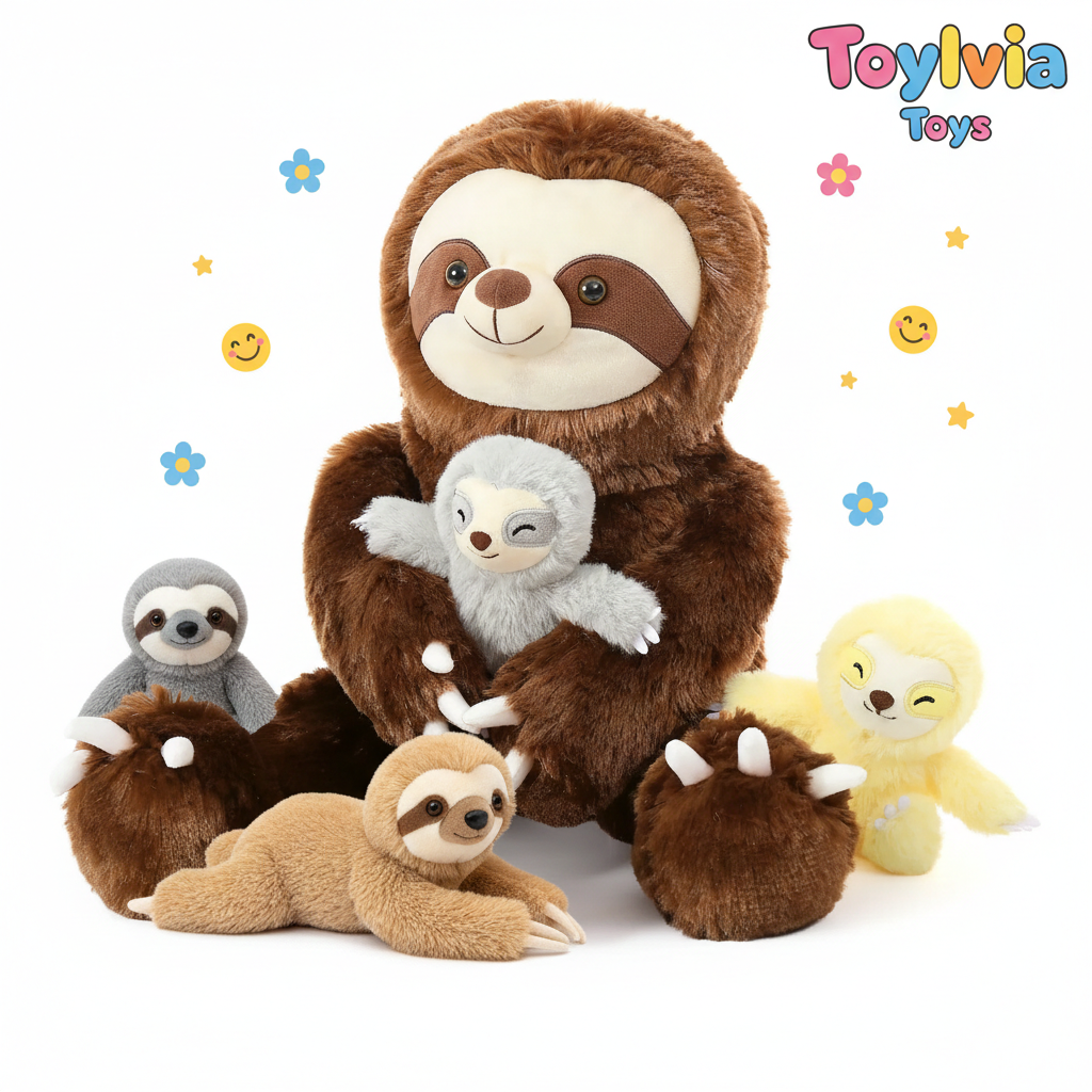 Collection of plush sloths from different sizes and colors with 'ToyLivia Toys' branding. Main image