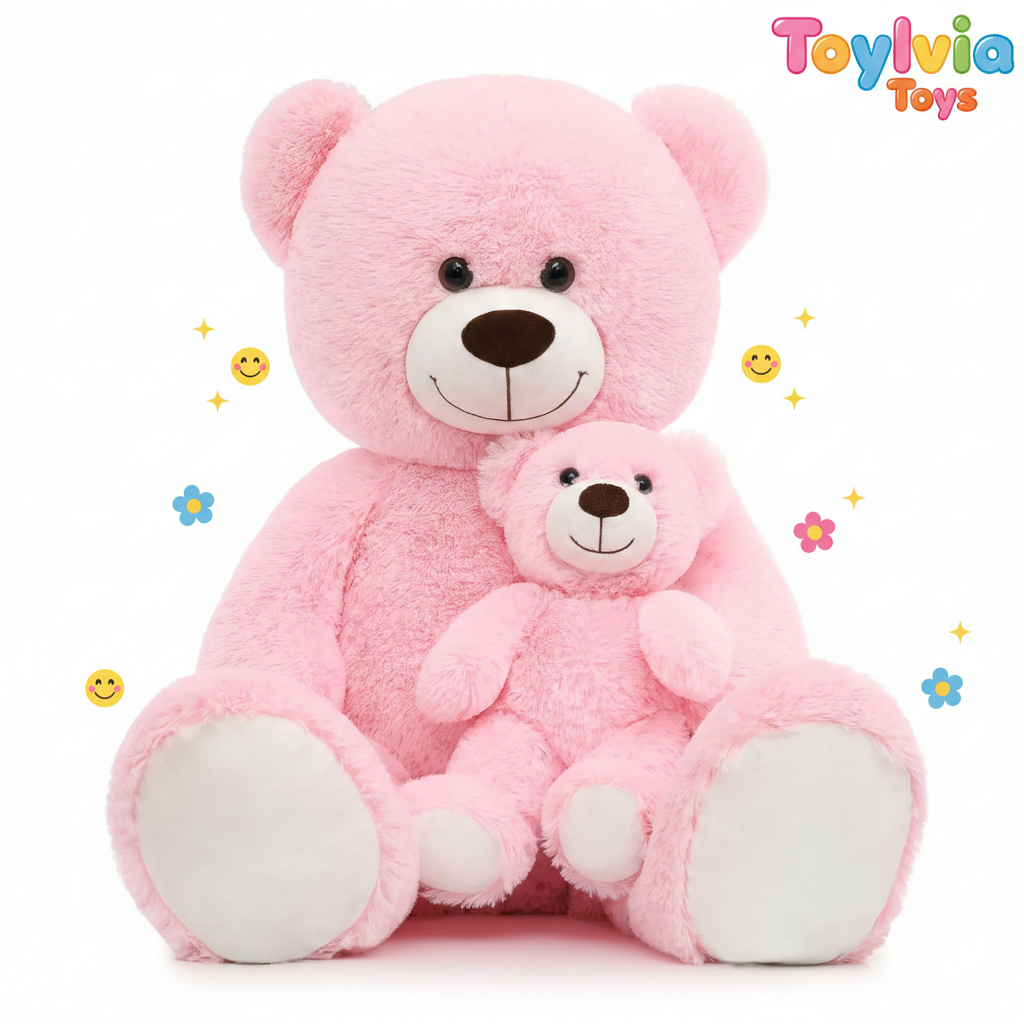 Two pink teddy bears with a smaller bear in front on a white background, branded with 'Toylivia Toys'. Main image