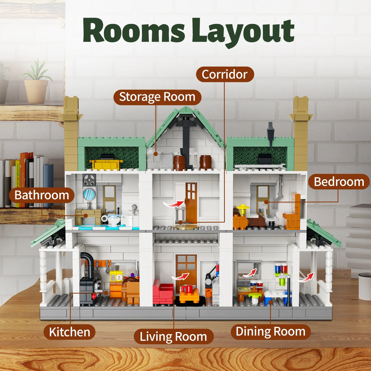 Model of a house layout with labeled rooms on a wooden surface.