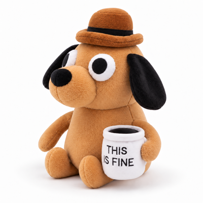 This Is Fine coffee dog plush toy, slightly zoomed centered 45-degree left-facing studio image