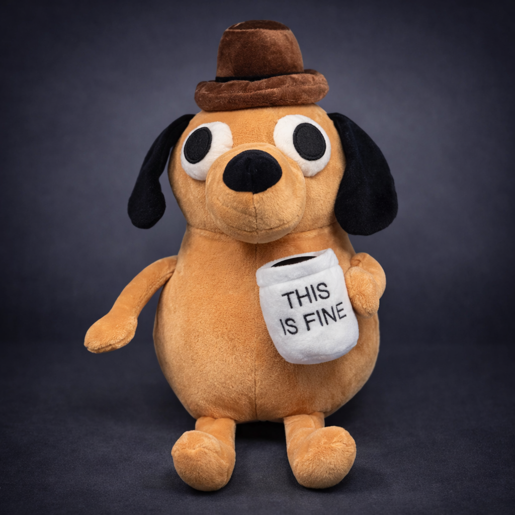 This Is Fine coffee dog plush toy front view with hat and mug on dark background