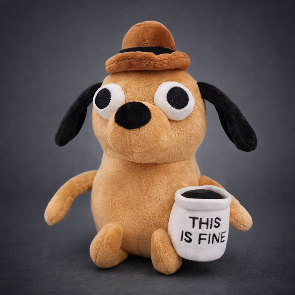 This Is Fine coffee dog plush toy sitting and holding mug on dark background