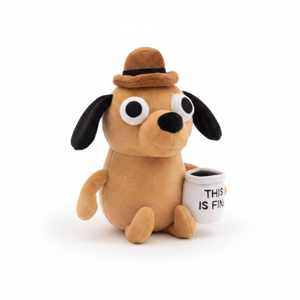 This Is Fine Coffee Dog Plush Toy (25cm) - Funny Meme Stuffed Dog Doll | Toylvia™