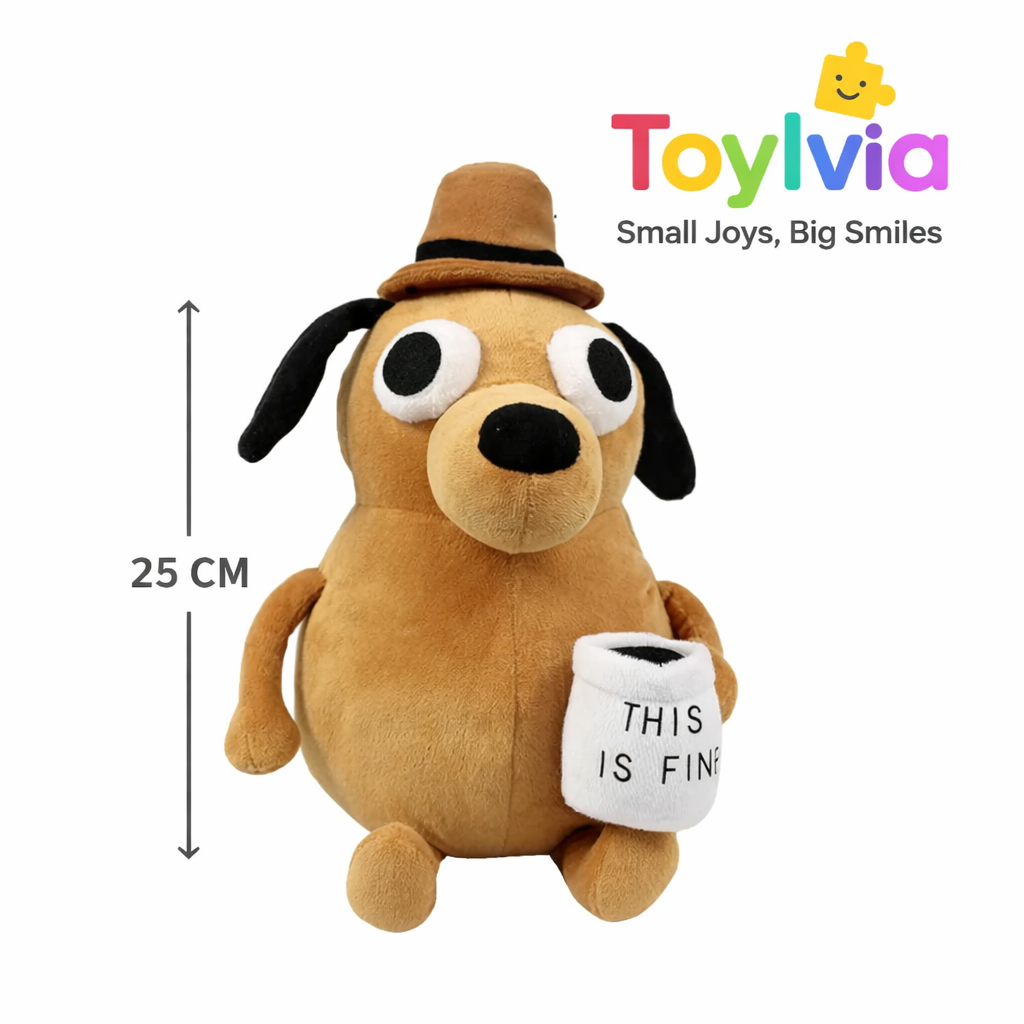 This Is Fine coffee dog plush toy 25cm with hat and mug on white background by Toylvia