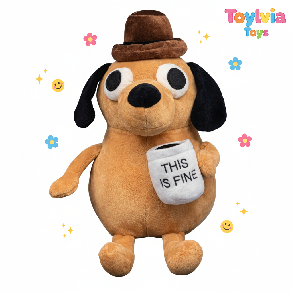 Plush dog toy with a hat and 'This is Fine' mug, brand 'Toylivia Toys' visible Main image