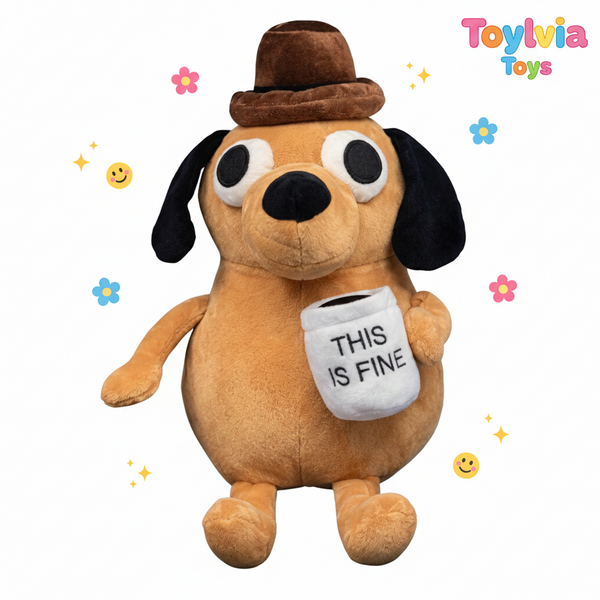 Plush dog toy with a hat and 'This is Fine' mug, brand 'Toylivia Toys' visible