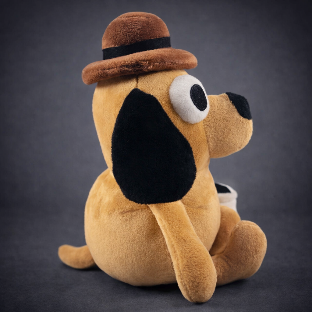 Side and back view of This Is Fine dog plush toy showing hat and ear details
