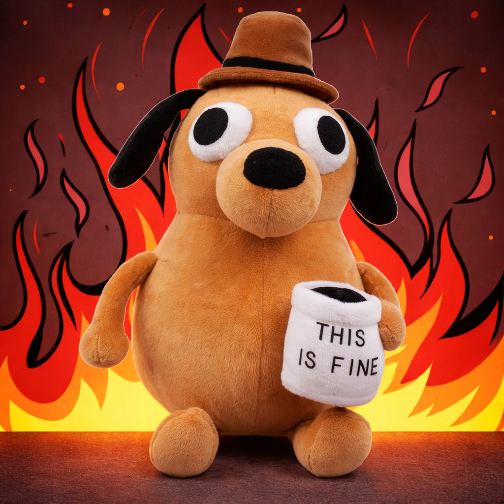 Funny This Is Fine meme dog plush toy holding coffee mug against fire background