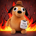 Funny This Is Fine meme dog plush toy holding coffee mug against fire background