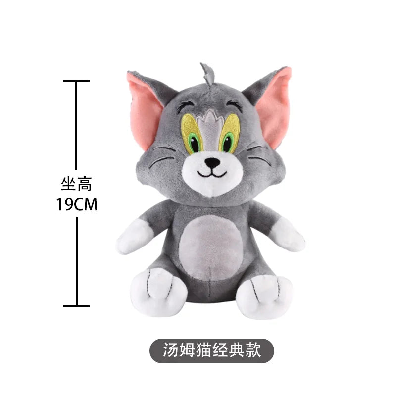 Plush toy of a gray cat with measurement details on a white background