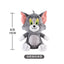 Plush toy of a gray cat with measurement details on a white background