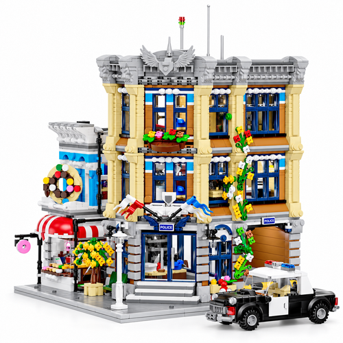 Town Police Station modular building blocks set, full front three-quarter view with police car