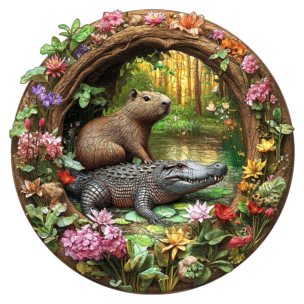 Capybara & Crocodile Wooden Jigsaw Puzzle - 5A Difficulty Irregular Wood Set