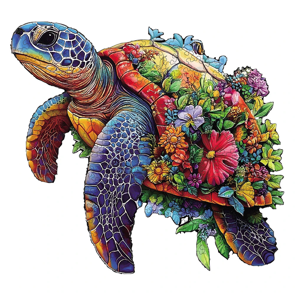Floral Reef: Flower Sea Turtle Irregular Wood Jigsaw